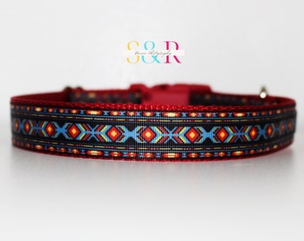 Aztec Dog Collar in Red, Blue, and Black 1" wide Adjustable Dog Collar