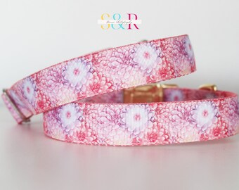 Blush Pink and Lilac Dalhia Floral Dog Collar, Easter Gift, Spring Dog Collar, Spring Girl Colorful Dog Collar 1" wide with Optional Leash