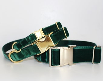 Emerald Green Velvet Dog Collar, Green Velvet Dog Collar, Adjustable 5/8", 1" or 1 1/2" Wide Dog Collar & Optional Leash Set