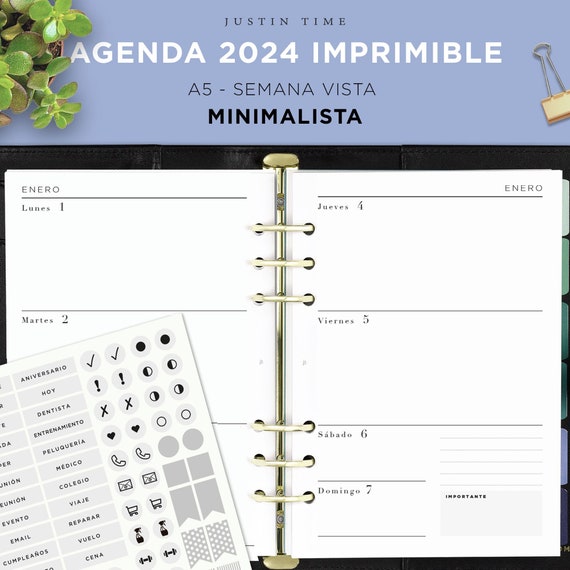 Agenda Imprimible 2024 A5 Minimalista Español 