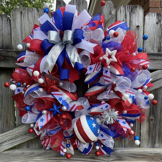 Red, White and Blue Patriotic Deco Mesh Wreath, Holiday Wreath