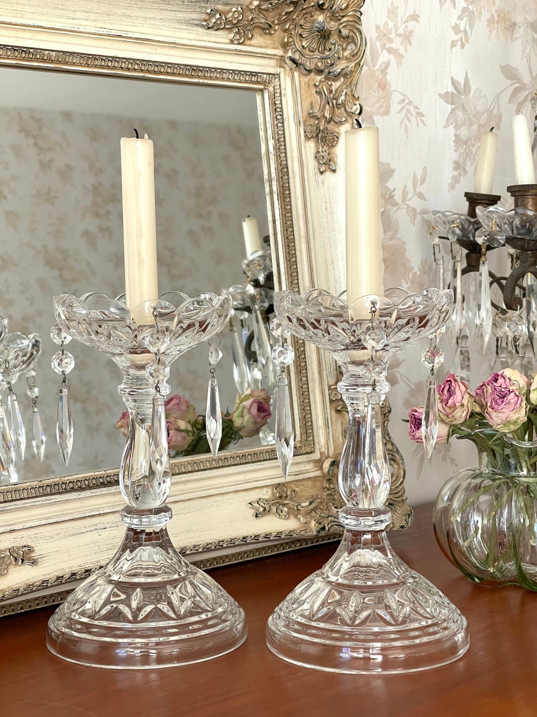 Pair of Bohemia Crystal Candle Holders. Cut Stamps. Etsy