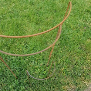 May include: Two rusty metal plant supports, each with a curved top, are placed on a green grassy lawn.