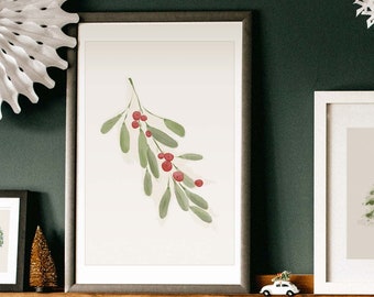 Christmas Printables, Christmas Holy and Berries Watercolor Printable Wall Art, Winter Holiday Gallery Wall Decor Print, Vintage Artwork