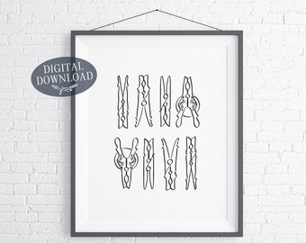 Clothespin Black and White Printable Wall Art, Rustic Laundry Room Decor, Digital Download