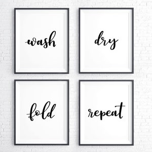 Wash Dry Fold Repeat Rustic Laundry Room Decor, Set of 4 Prints, Black ...