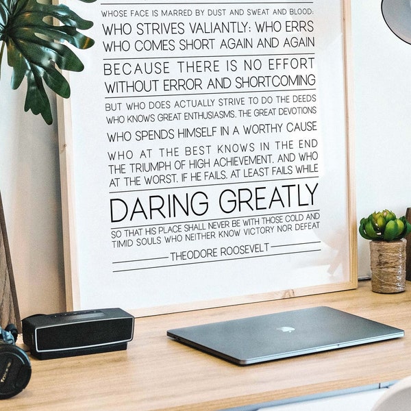 The Man In The Arena Quote, Printable Wall Art, Theodore Roosevelt Daring Greatly Inspirational Wall Art Print, Office Gallery Wall Quote