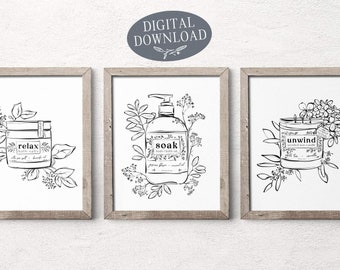 Bathroom Wall Decor, Relax Soak Unwind Printable Wall Art, Black and White Botanical Gallery Wall Set of 3 Prints, Printable Bathroom Sign