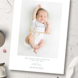 Faire-part de naissance minimaliste, faire-part de bienvenue simple, modèle modifiable avec photo, faire-part personnalisé prénom bébé