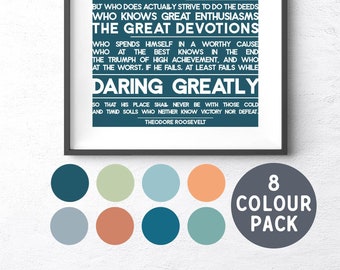 The Man In The Arena Quote, afdrukbare muurkunst, Theodore Roosevelt Daring, zeer inspirerende quote print, 8 kleurenpakket, digitale download