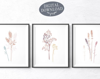 Burnt Orange Botanical Print Set, Printable Wall Art, Set of 3 Floral Prints, Neutral Minimalist Prints, Boho Decor, Digital Download