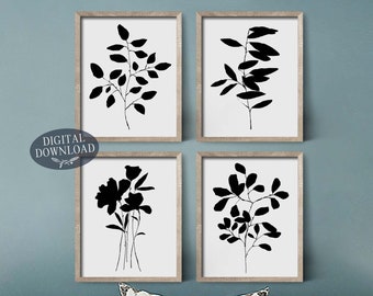 Botanical Printable Wall Art, Black and White Gallery Wall Set of 4 Prints, Minimalist Botanical Wall Decor, Digital Download Illustrations