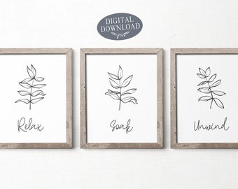 Bathroom Wall Decor, Relax Soak Unwind, Black and White Printable Wall Art, Botanical Gallery Wall Set of 3 Prints, Digital Download