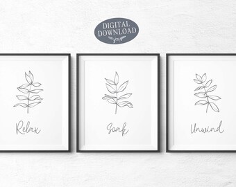 Grey Bathroom Wall Decor, Relax Soak Unwind Grey Printable Wall Art, Bathroom Sign, Botanical Printable Gallery Wall Set of 3 Prints