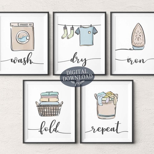 Colorful Laundry Room Decor Printable Wall Art Wash Dry Fold | Etsy