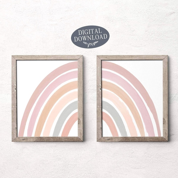 Neutral Rainbow Print, PRINTABLE WALL ART, Gallery Wall Set of 2, Peach Pink Boho Rainbow Kids Room Art, Nursery Decor, Digital Download