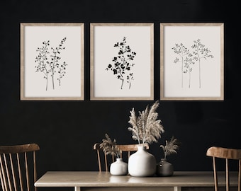 3 Piece Wall Art, Flower Line Art, Botanical Printable Wall Art, Black and White Gallery Wall Set of 3 Prints, Modern Bathroom Wall Decor