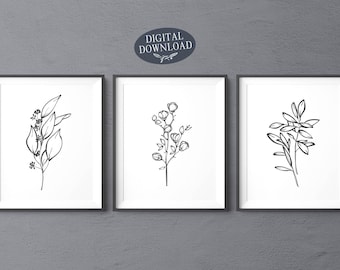 Set da parete Botanical Gallery, stampabile, set di 3 stampe, stampe con foglie, decorazione da parete per bagno in bianco e nero, download digitale