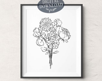 May include: A black and white line drawing of a bouquet of flowers. The flowers include roses, daisies, and other blooms. The drawing is simple and elegant.