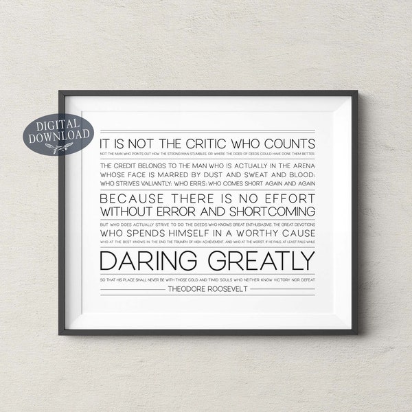 The Man In The Arena Printable Wall Art, Daring Greatly Theodore Roosevelt Inspirational Quote, Landscape Print, Office Gallery Wall Decor