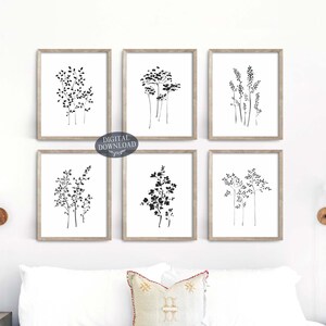 Printable Gallery Wall Set of 6 Botanical Prints, Printable Wall Art, Living Room Wall Decor, Black & White Minimalist Floral Leaf Line Art