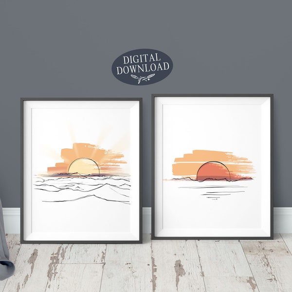 Gallery Wall Set, Sunrise Sunset Printable Wall Art, Set of 2 Prints, Minimalist Abstract Horizon Line Art Decor, Digital Download