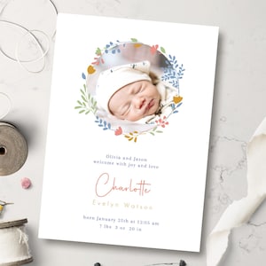 Faire-part de naissance floral avec photo, faire-part de bébé numérique avec un design coloré, faire-part personnalisé de bienvenue pour bébé