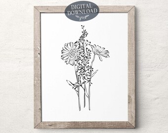 Printable Birth Month Flowers Bouquet, 2 to 3 Flowers, Birth Flowers Tattoo Line Art, Personalized Family Illustration, Mother's Day Gift