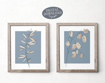 Botanical Print Set, Printable Wall Art, Set of 2 Prints, Blue and Gold Leaf Prints, Abstract Bedroom Wall Decor, Digital Download