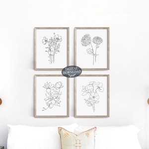 Printable Gallery Wall Set of 4 Prints, Printable Bedroom Wall Decor, Printable Wall Art, Botanical Print Set, Black & White Floral Line Art