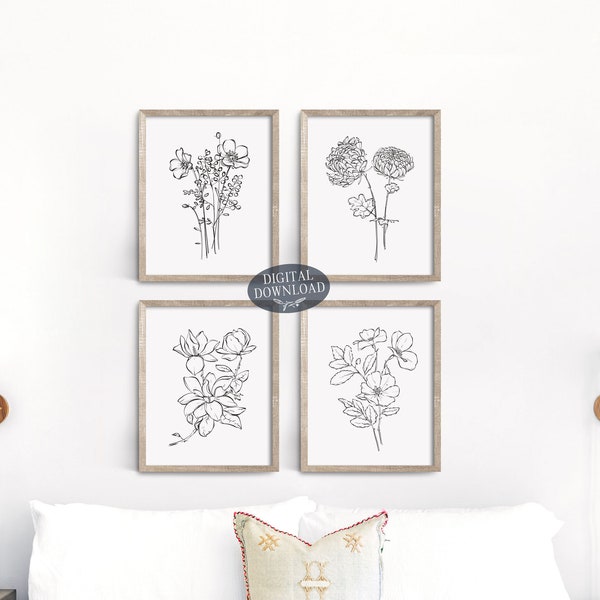 Printable Gallery Wall Set of 4 Prints, Printable Bedroom Wall Decor, Printable Wall Art, Botanical Print Set, Black & White Floral Line Art