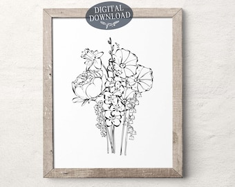 May include: Black and white line art print of a bouquet of flowers. The flowers include peonies, daffodils, and other spring blooms.