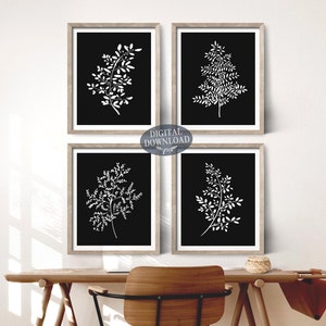 Botanical Gallery Wall Set of 4 Digital Prints, Printable Wall Art, Black and White Minimalist Wall Decor, Mid Century Modern Illustrations