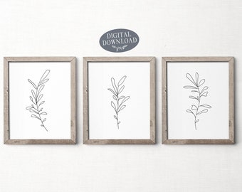 Botanical Print Set, Printable Wall Art, Leaf Line Art, Set of 3 Prints, Leaf Prints, Kitchen Poster, Black and White Minimalist Wall Decor