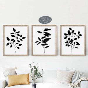 Botanical Gallery Wall Set of 3 Prints, Minimalist Printable Wall Art, Black and White Botanical Wall Decor, Digital Download Illustrations