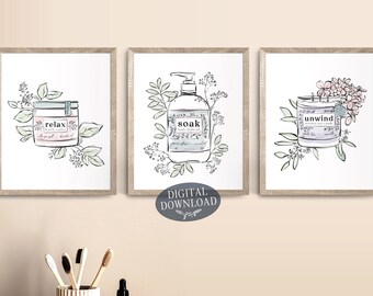 Printable Bathroom Wall Decor, Relax Soak Unwind Printable Wall Art, Neutral Pastel Botanical Gallery Wall Set of 3 Prints, Bathroom Sign