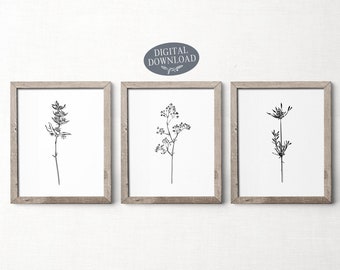 Juego de 3 impresiones botánicas, arte mural imprimible, decoración minimalista de pared con flores en blanco y negro para sala de estar, arte de cocina con flores silvestres.