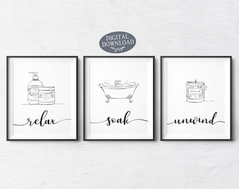 Relax Soak Unwind Printable Bathroom Wall Decor, Black and White Printable Wall Art, Gallery Wall Set Of 3 Prints, Digital Download Sign