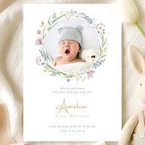 Faire-part de naissance, modèle modifiable avec photo, faire-part de bienvenue aquarelle, faire-part de naissance personnalisé