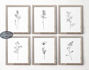 Printable Living Room Wall Decor, Gallery Wall Set of 6 Prints, Botanical Print Set, Printable Wall Art, Black and White Floral Prints