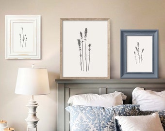 Lavender Wall Art, 3 Piece Wall Art, Wildflower Line Art, Botanical Printable Wall Art, Modern Above Bed Wall Decor, Digital Download
