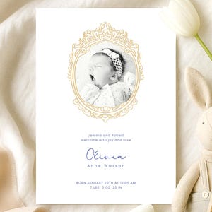Modèle de faire-part de naissance avec photo, entièrement modifiable, joli faire-part de bienvenue de bébé, faire-part personnalisé pour nouveau-né