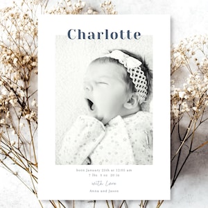Faire-part de naissance élégant, carte de bienvenue numérique minimale, modèle modifiable classique avec photo, faire-part de bébé personnalisé