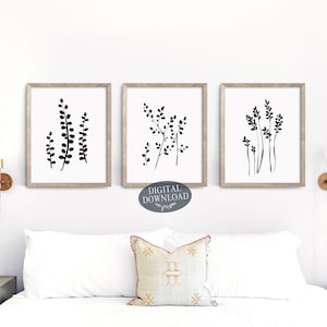 Botanical Gallery Wall Decor, Set of 3 Prints, Printable Wall Art, Minimalist Floral Leaf Line Art,Modern Black and White Bedroom Wall Decor