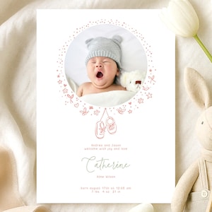Joli faire-part de naissance, modèle modifiable moderne de faire-part de bienvenue de bébé avec photo, faire-part personnalisé nom de bébé nouveau-né