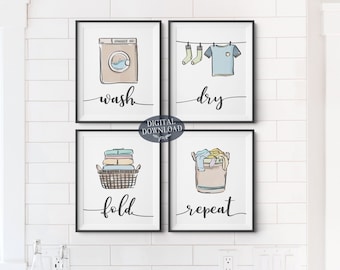Decoración colorida para lavadero, arte de pared imprimible para lavar, secar, doblar y repetir, juego de 4 impresiones para lavadero, galería de arte lineal de pared con descarga digital