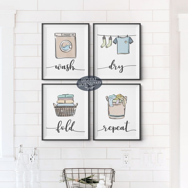 Colorful Laundry Room Decor, Wash Dry Fold Repeat Printable Wall Art, Set of4 Prints for Utility Room,Digital Download Gallery Wall Line Art