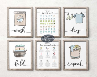 Colorful Laundry Room Decor, Printable Wall Art, Wash Dry Fold Repeat, Stain Removal and Symbol Guide, Set of 6 Prints for Utility Room