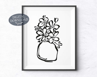 Botanical Abstract Digital Print, Flowers in Vase Printable Wall Art, Black and White Mid Century Modern Art, Living Room Gallery Wall Decor