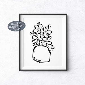 Botanische abstrakte Digitaldruck, Blumen in Vase druckbare Wandkunst, Schwarz-Weiß-Mid Century moderne Kunst, Wohnzimmer Galerie-Wand-Dekor